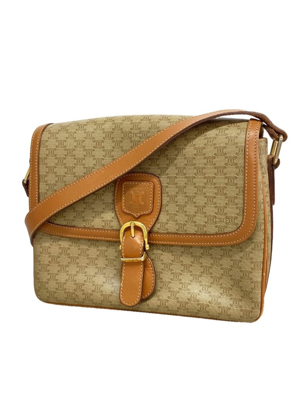 Celine Shoulder Bag Macadam Brown Beige Gold